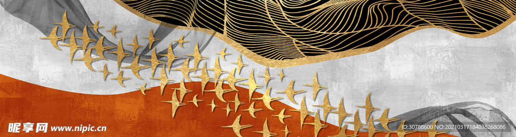 现代抽象山水飞鸟装饰画壁画