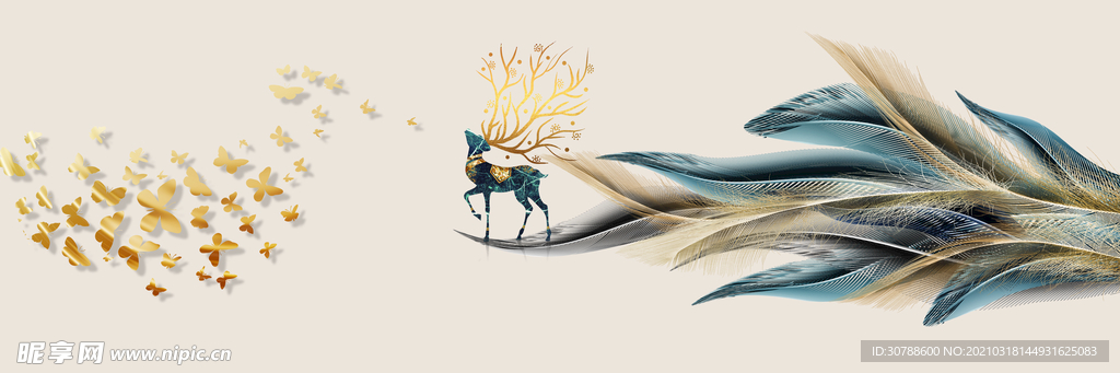 中式唯美羽毛福鹿装饰画壁画