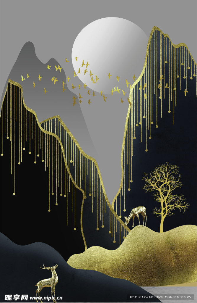 现代抽象山水麋鹿装饰画背景