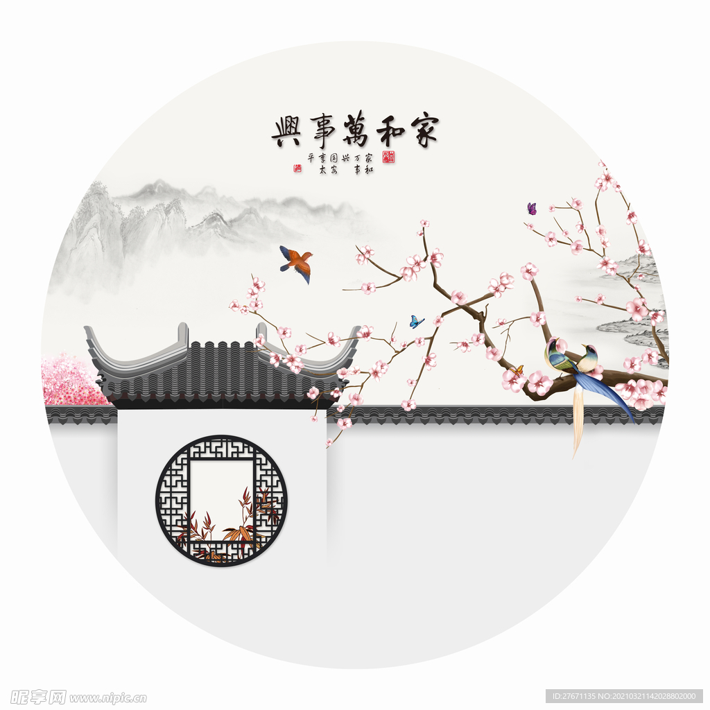 新中式古建筑桃花装饰画