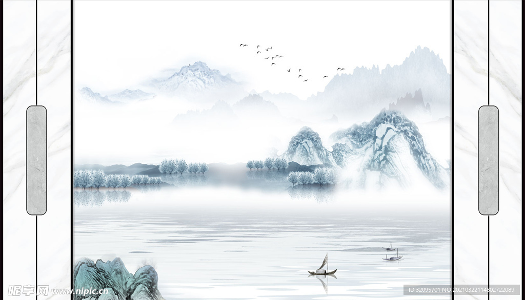 水墨山水树林小船大理石纹背景墙