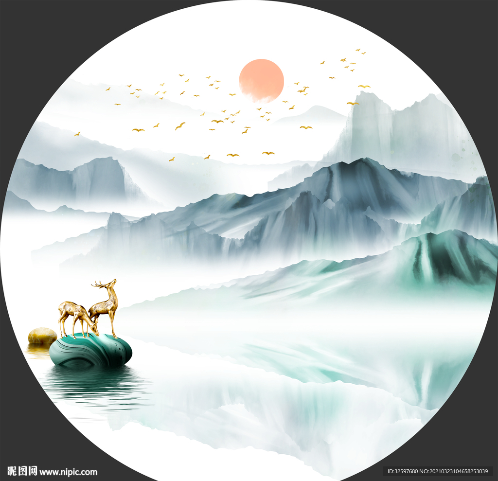 圆形抽象麋鹿山水玄关
