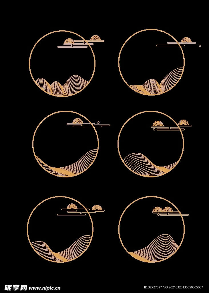 中式山纹云纹金色渐变中国风圆形