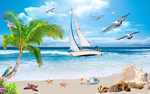 阳光沙滩海鸥椰子树