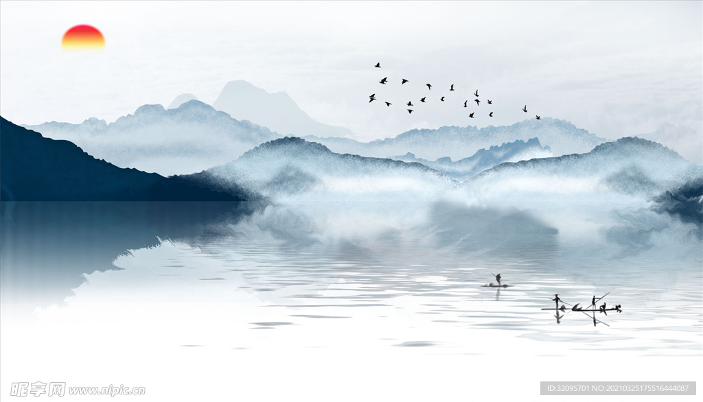 水墨山水大雁太阳中式山水背景墙