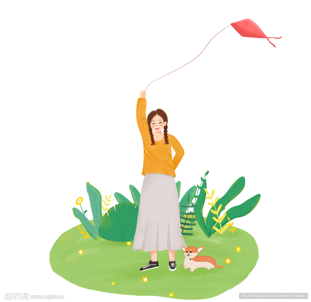 女孩春天放风筝