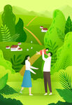 生态公园夫妻热带植物动物插画