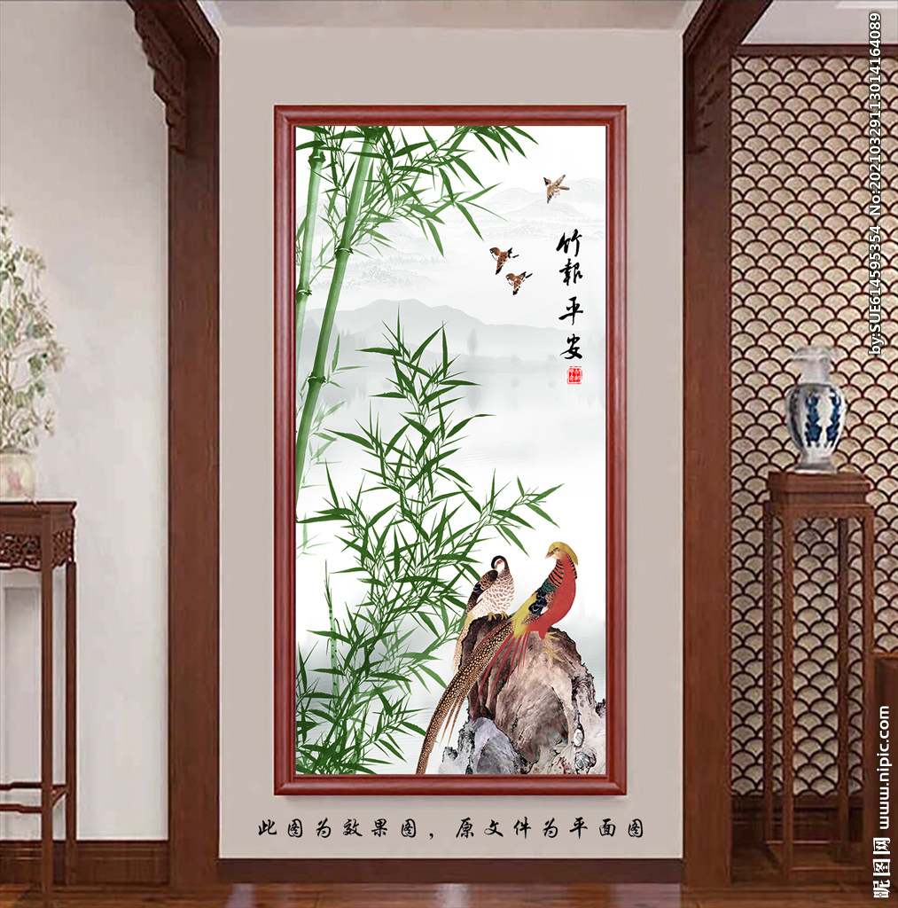 中式竹子花鸟玄关画