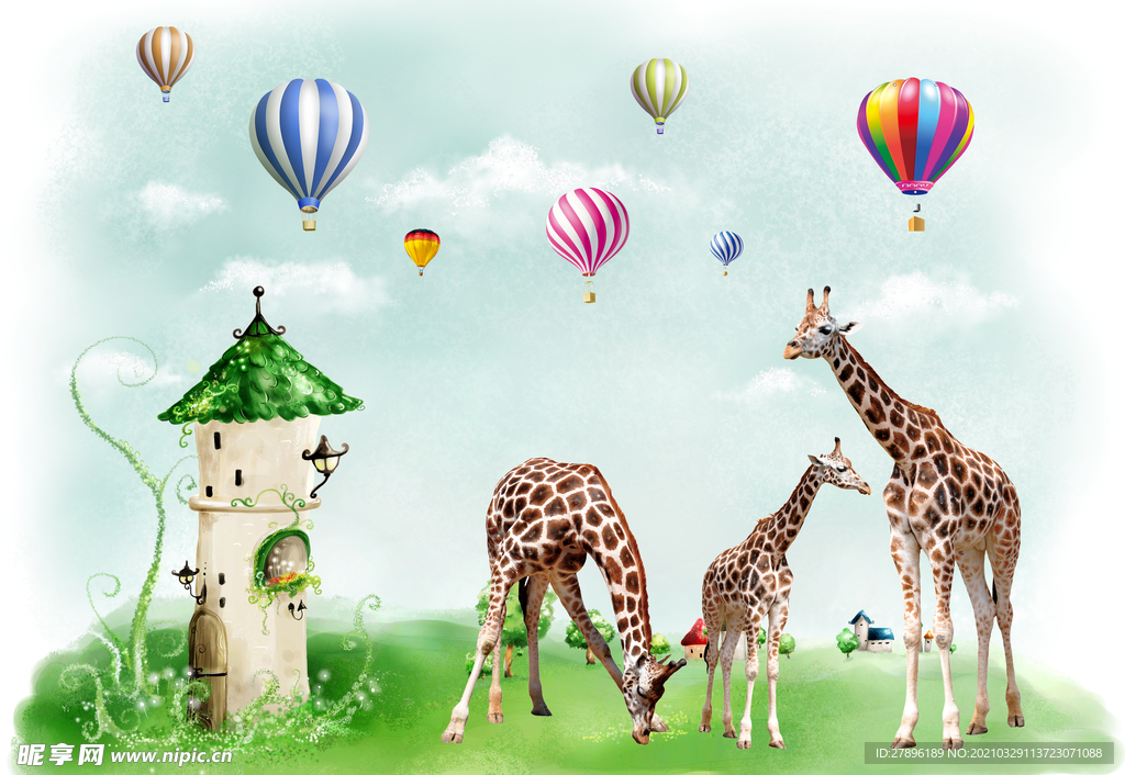 3D长颈鹿热气球壁画