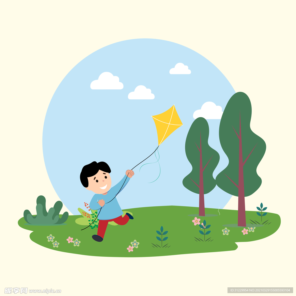 野外放风筝的小男孩