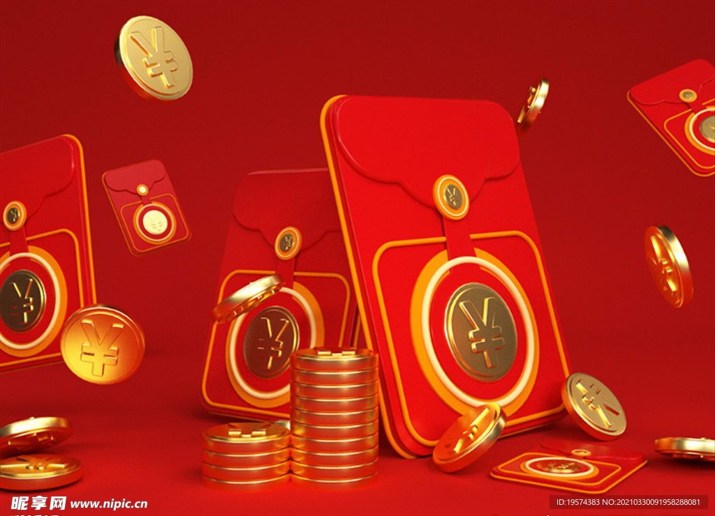 C4D模型红金色系红包金币主题
