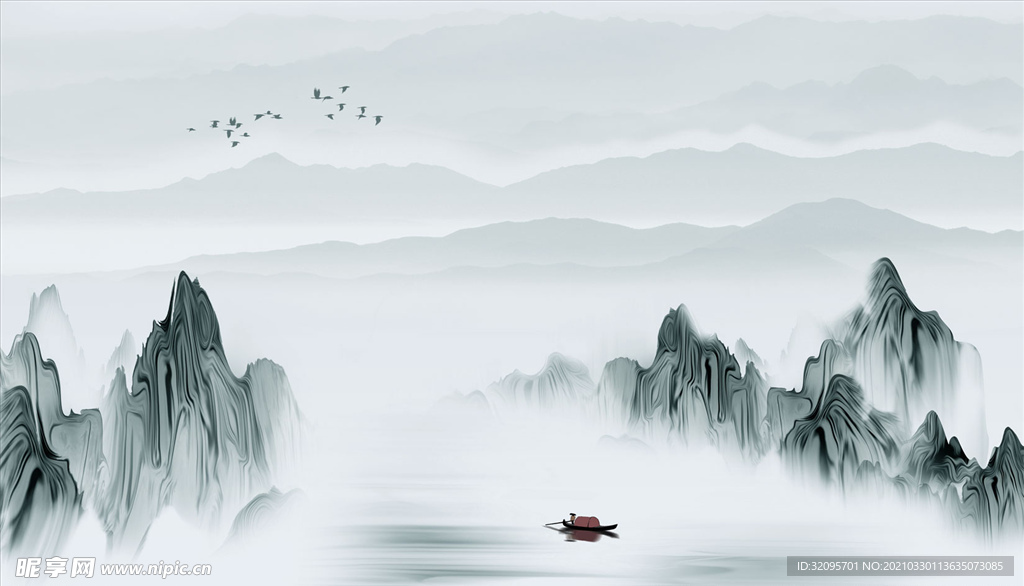 山水画水墨画小船河流大雁背景墙