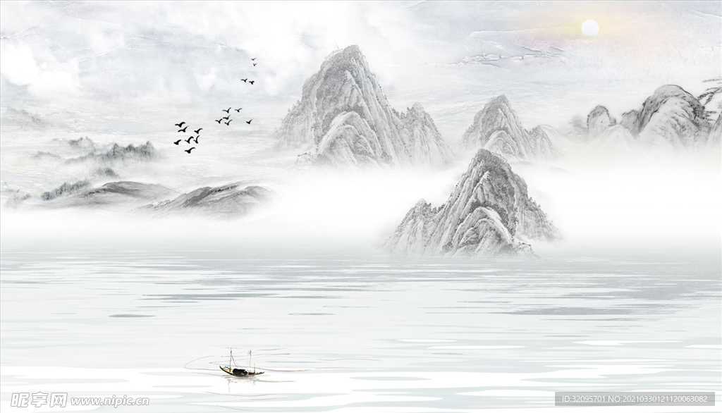 水墨画山水风景小船太阳背景墙
