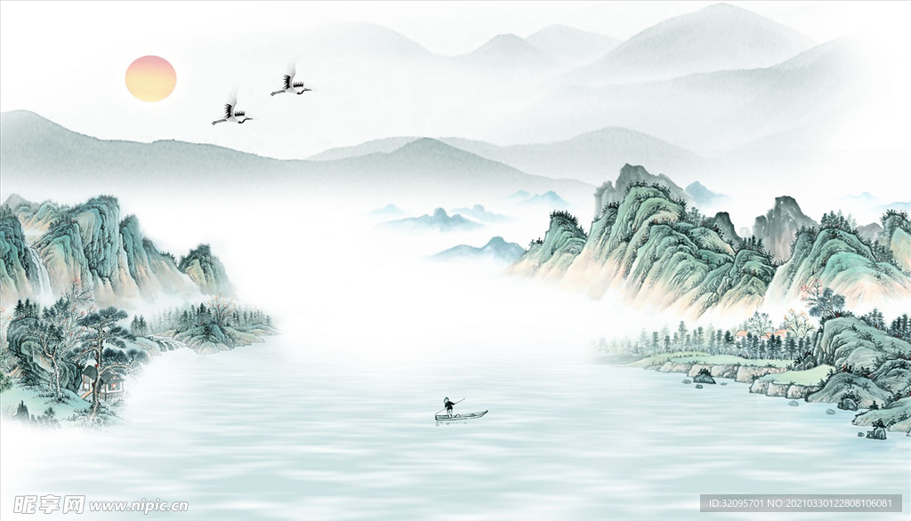 水墨山水鹤小船太阳河流背景墙
