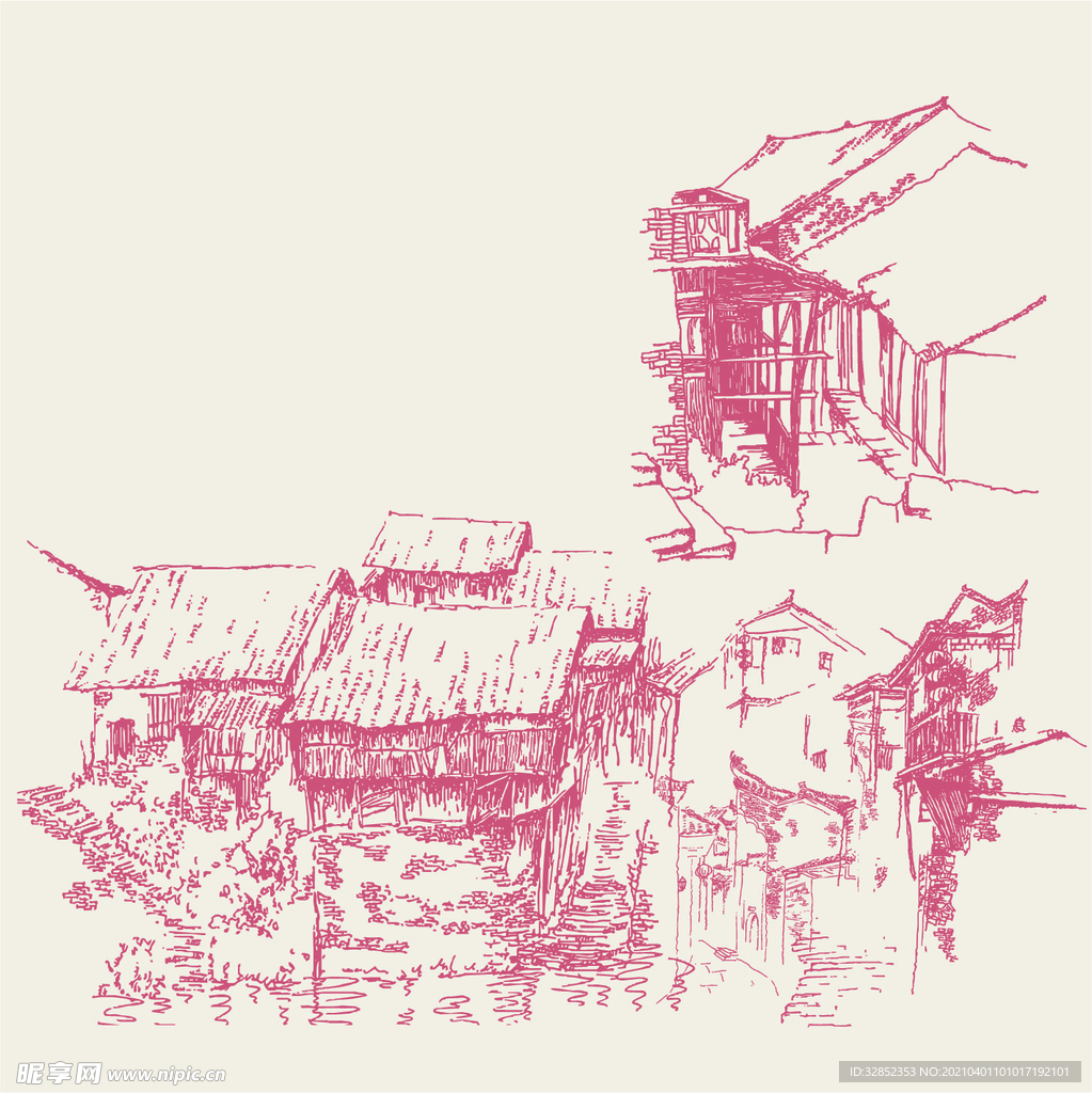 复古建筑矢量房屋旧建筑素材