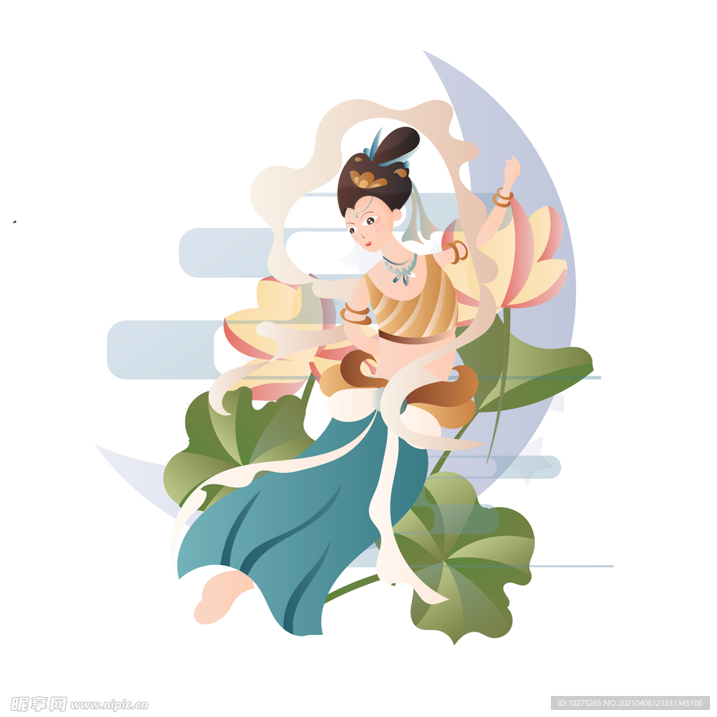 矢量中式复古敦煌壁画人物装饰
