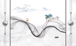 水墨画梅花鹿树小船飘带造型