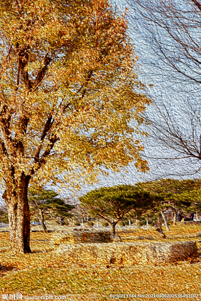秋天的树风景油画肌理纹理