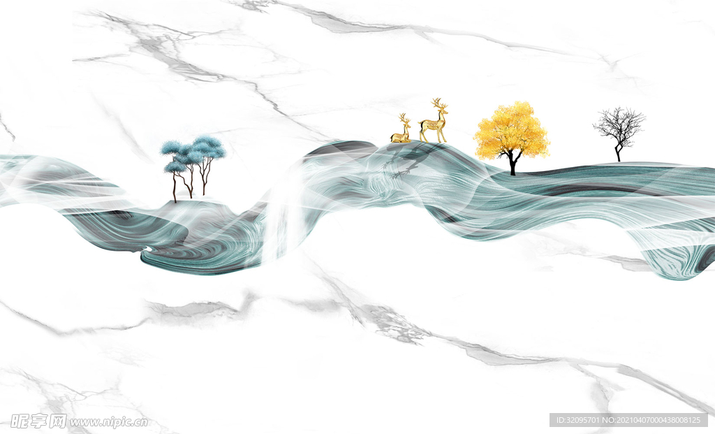 树大理石底纹飘带梅花鹿油画背景