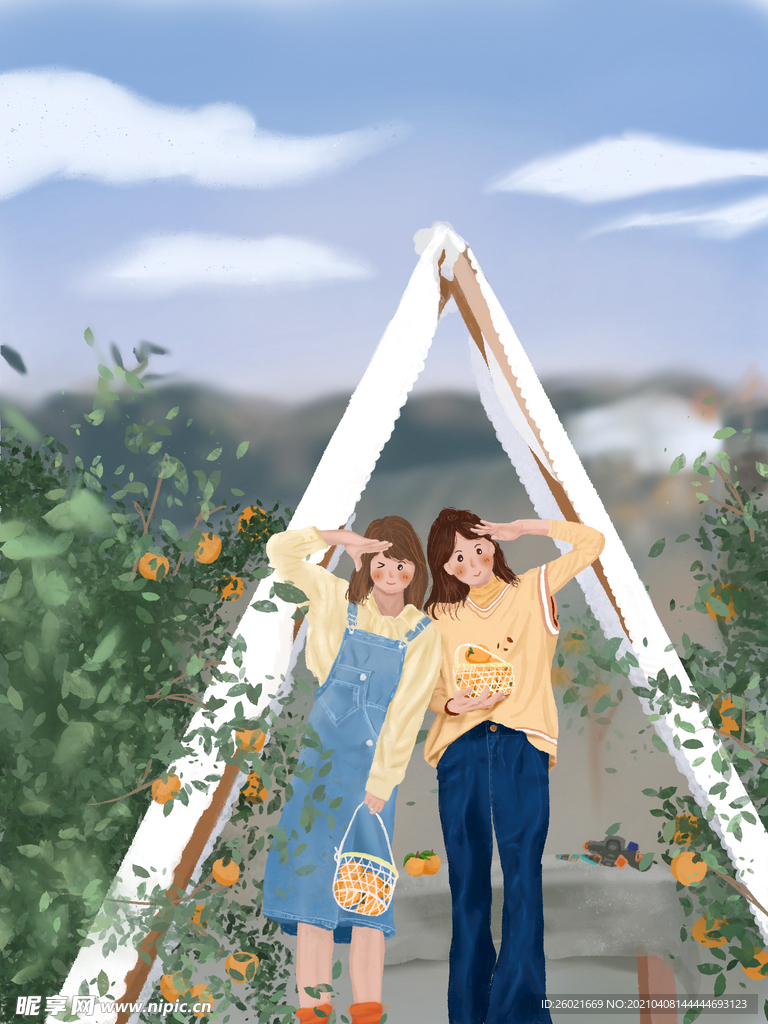 姐妹春游插画