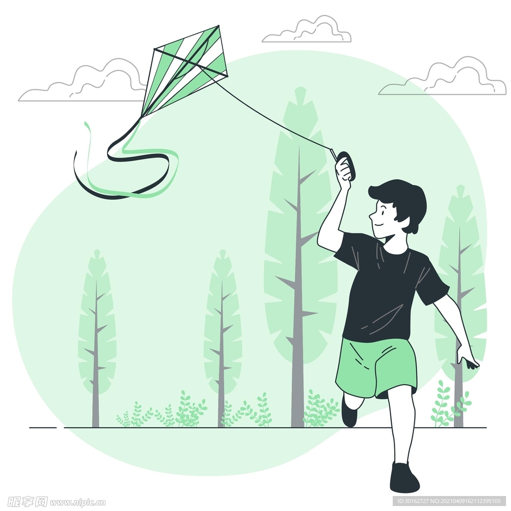 儿童春天放风筝插画设计