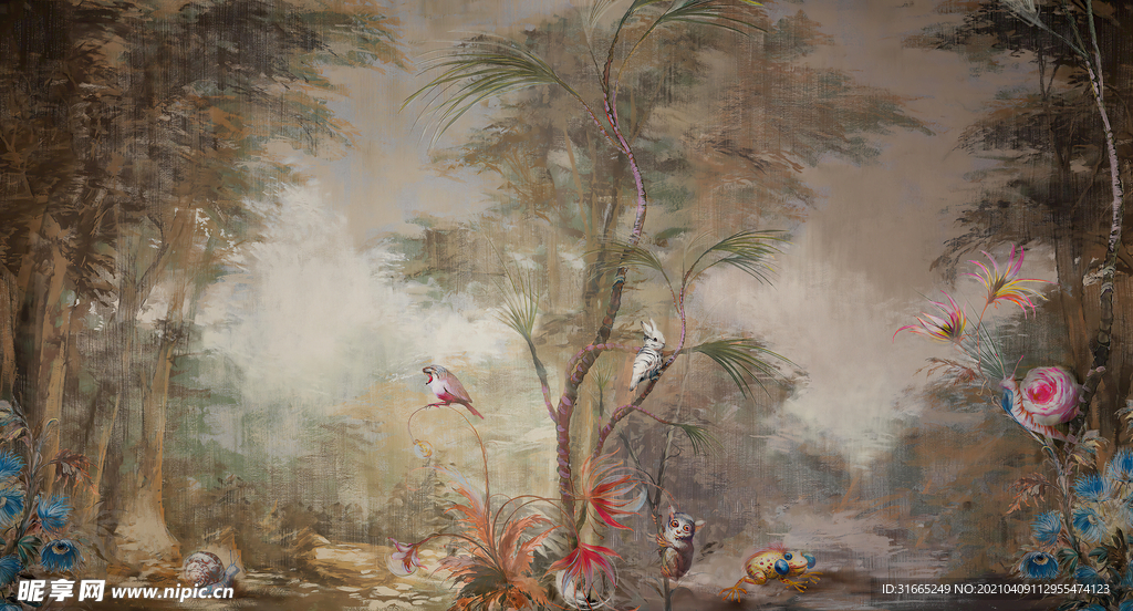 欧式手绘雨林抽象动物壁画背景墙