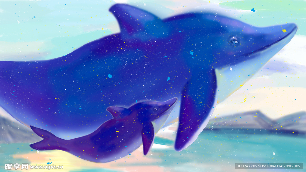 蓝色唯美鲸鱼手绘插画插图