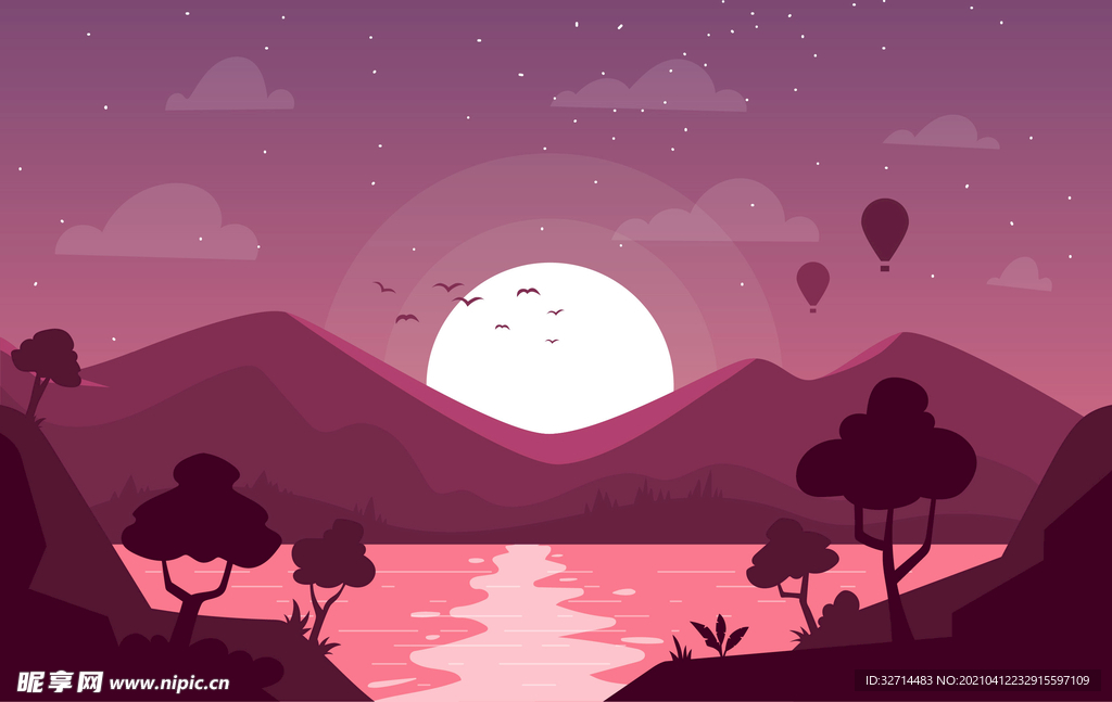 AI手绘自然风光插画背景