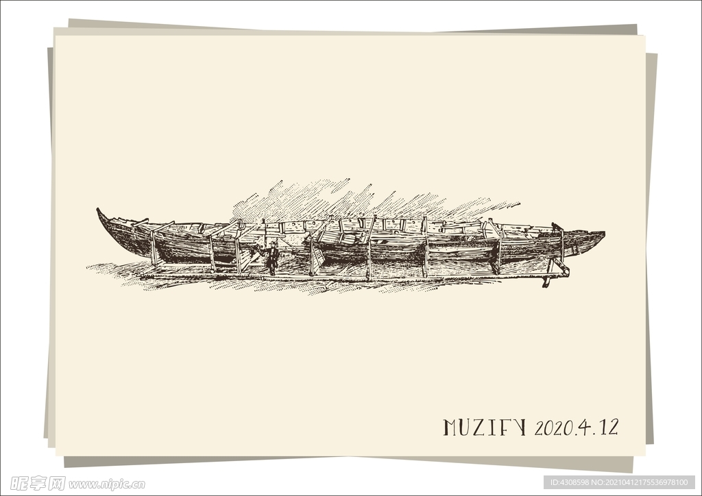 复古木船手绘稿