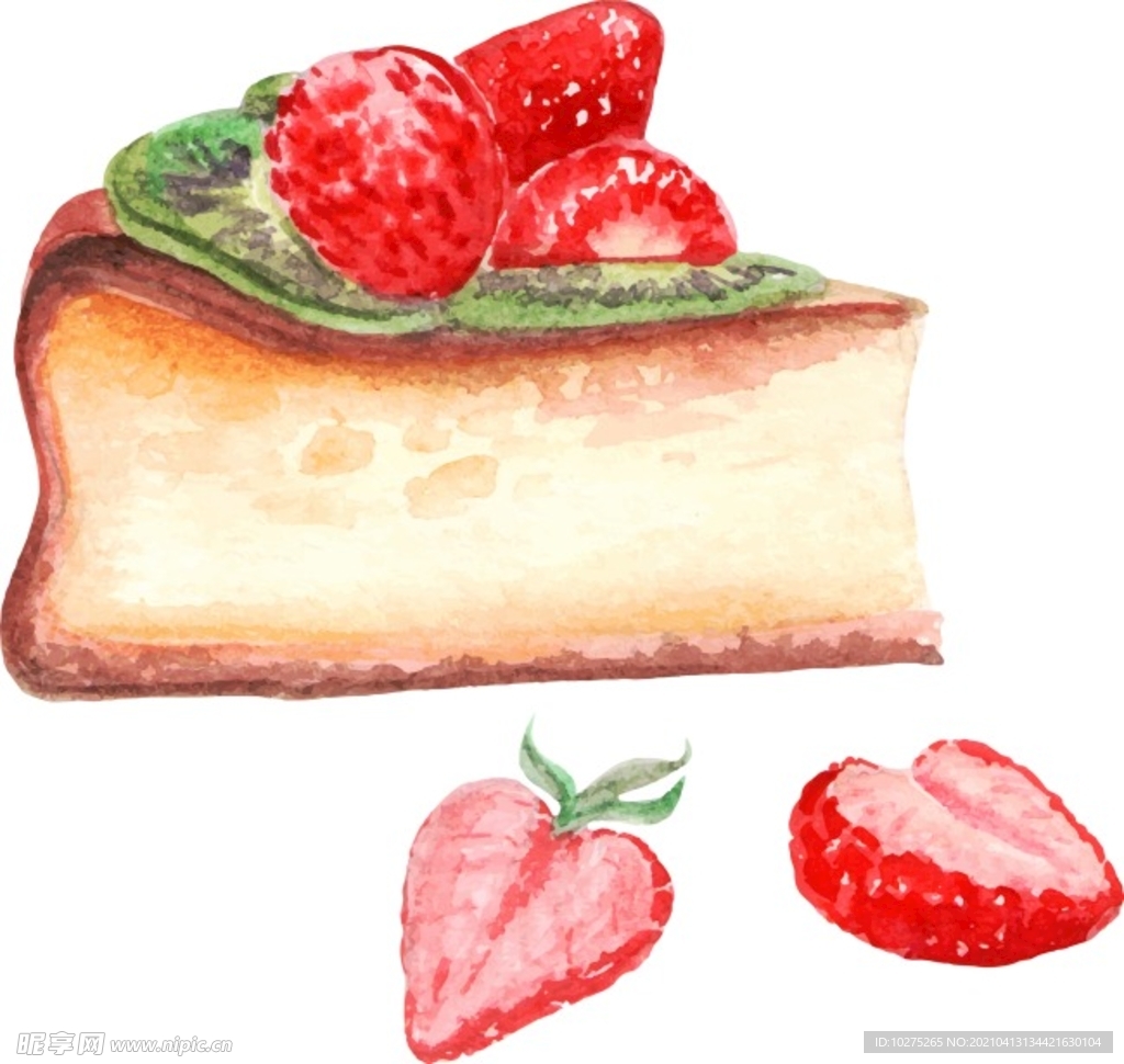 水彩绘美味的草莓蛋糕插画