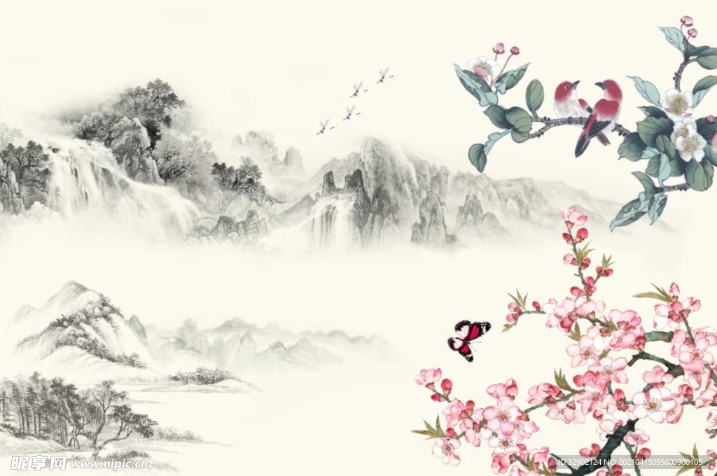 新中式工笔花鸟桃花背景墙