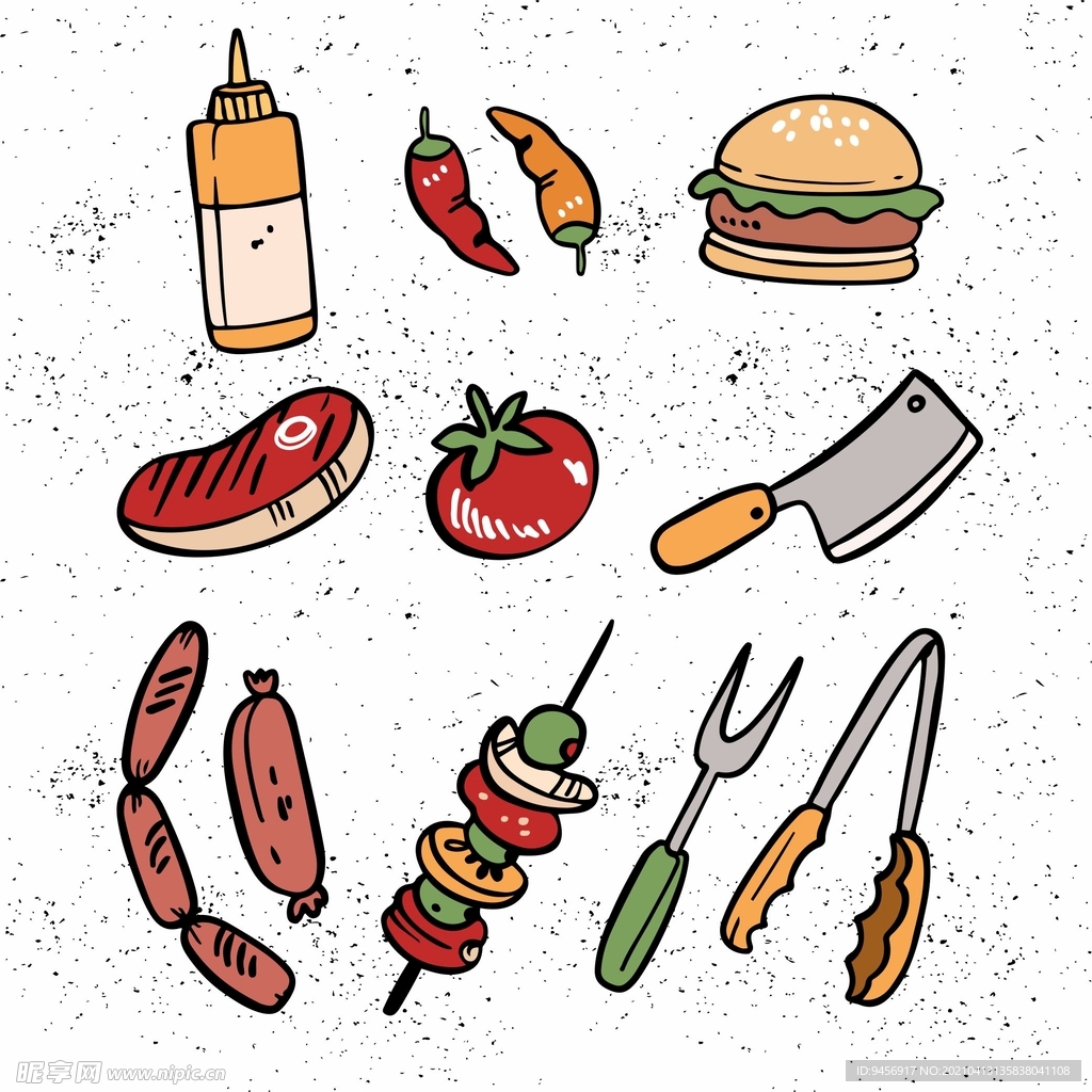烧烤工具和烧烤食物矢量插画
