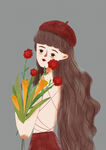 扁平插画性感女孩植物玫瑰红色女