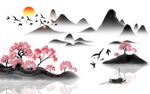 中式山水风景太阳梅花背景墙