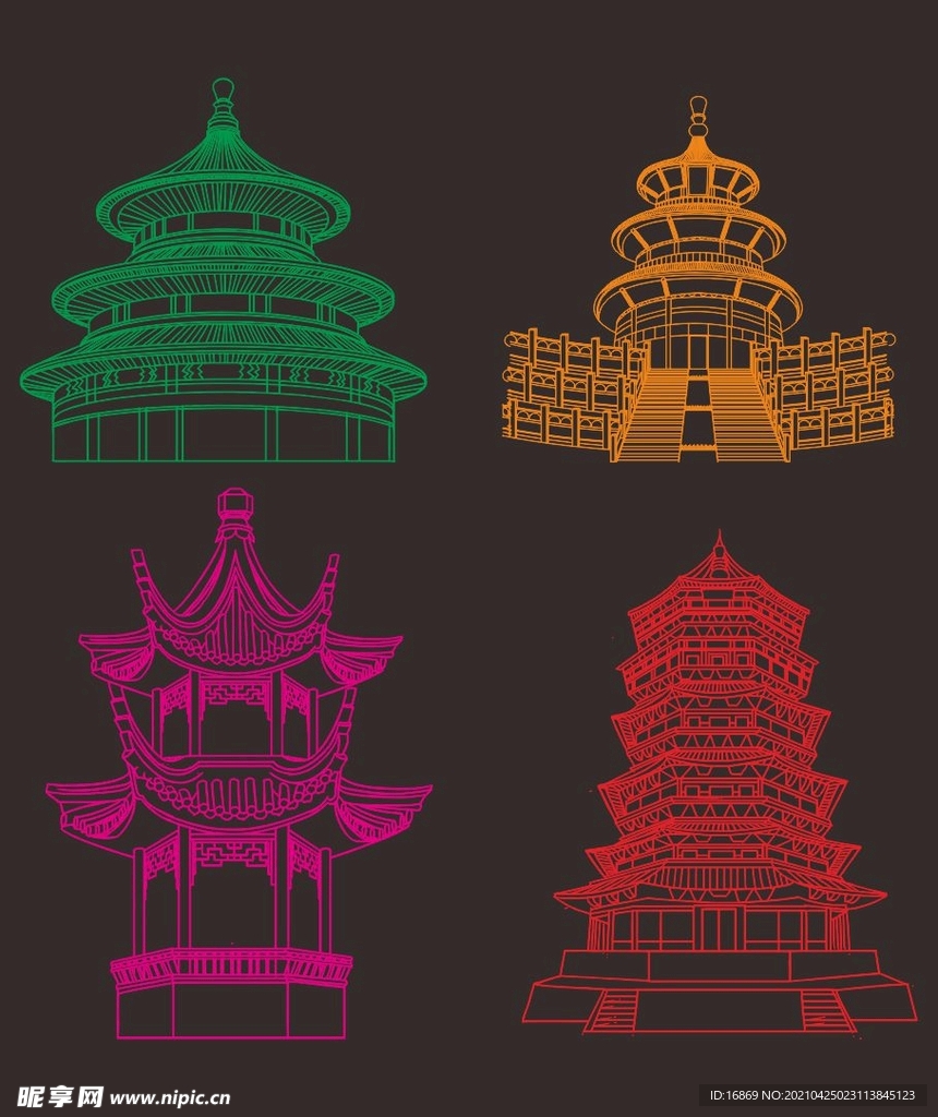 古建筑线描矢量