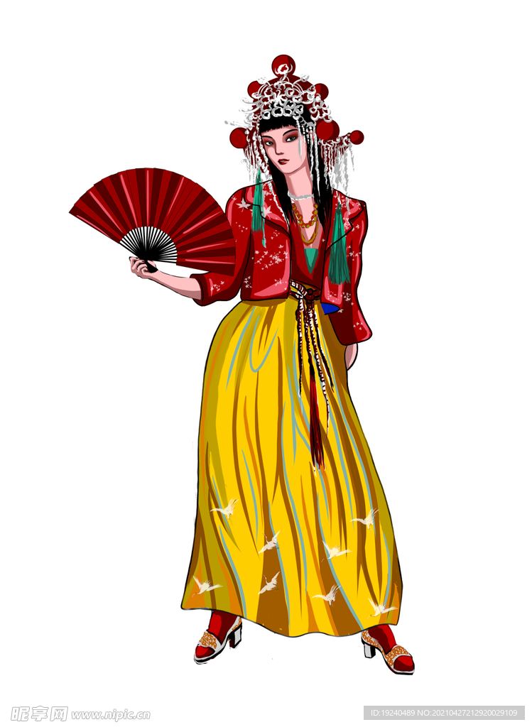 古风美女戏曲服装扇子插画图层