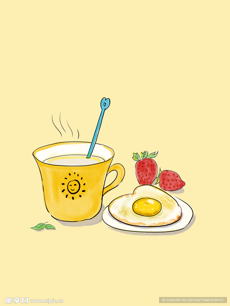 早餐豆浆鸡蛋水果手绘