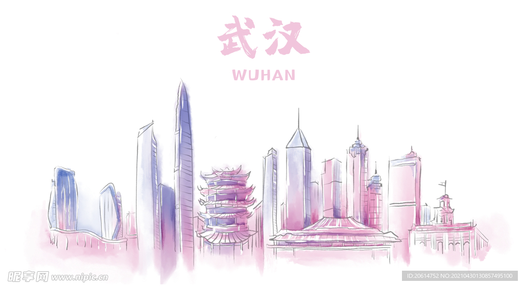 手绘武汉地标建筑漫画