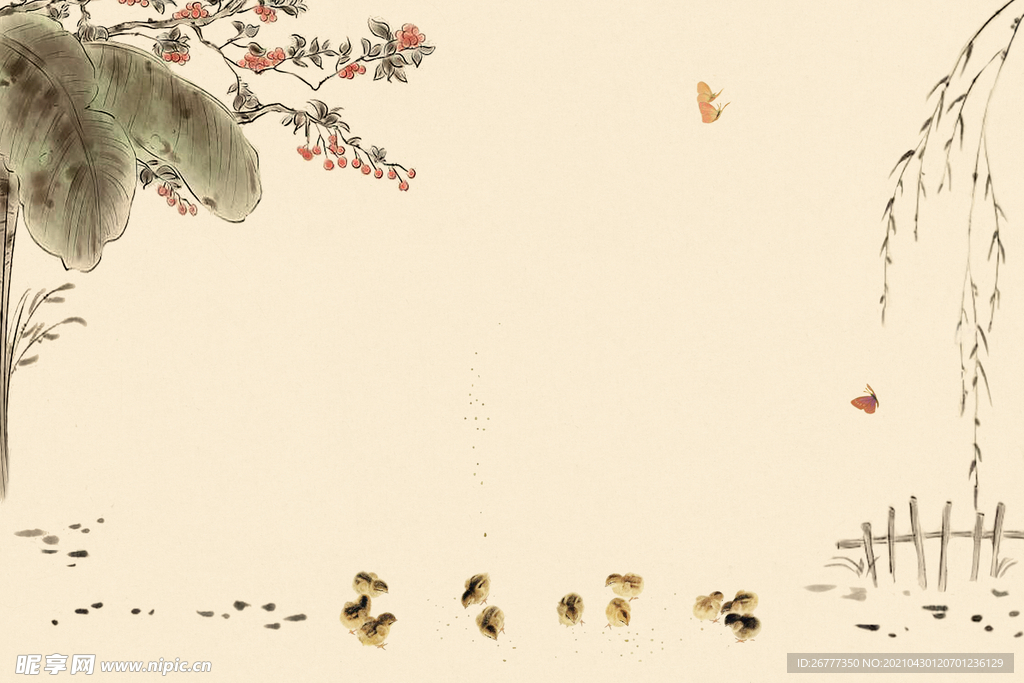儿童摄影国风工笔画模板素材