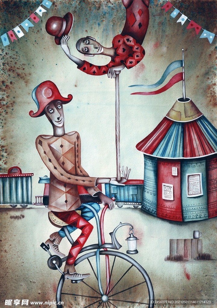 单车人物水彩艺术装饰画