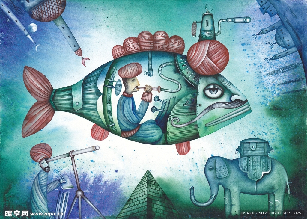 海底大鱼人物插画油画
