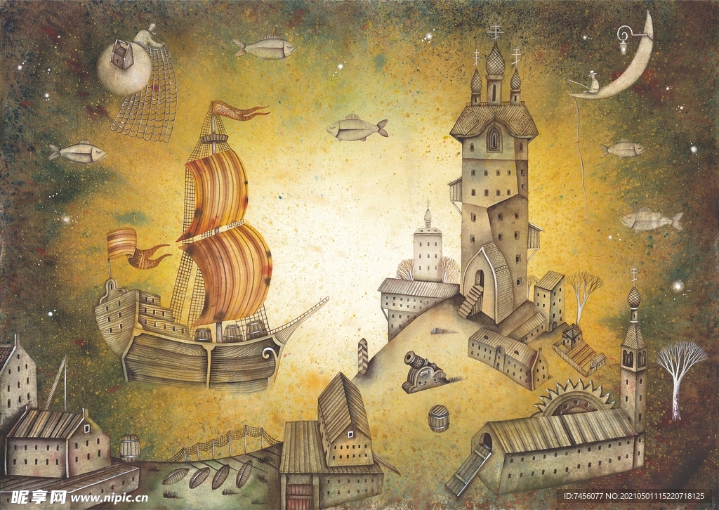唯美海盗船乡村插画