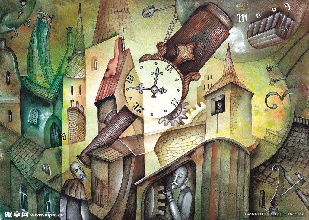 时钟房子建筑水彩插画油画