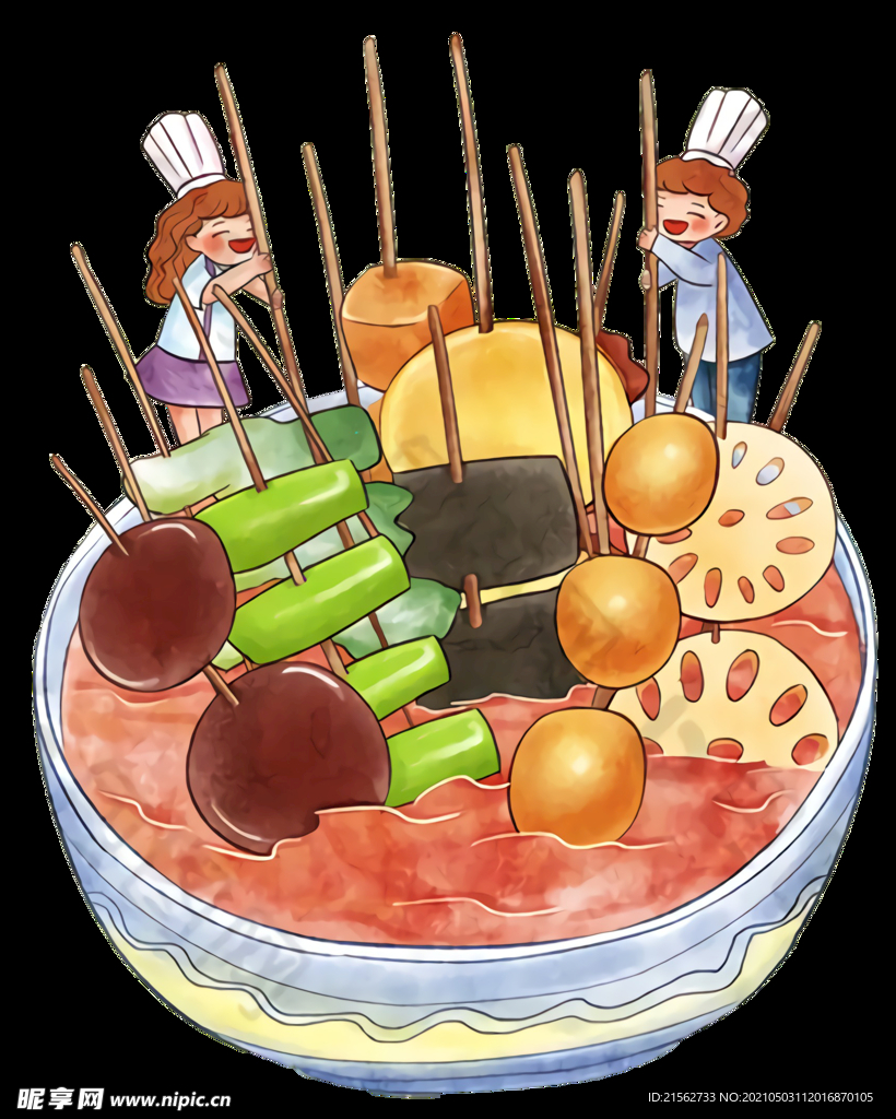 手绘水彩美食串串麻辣烫插画