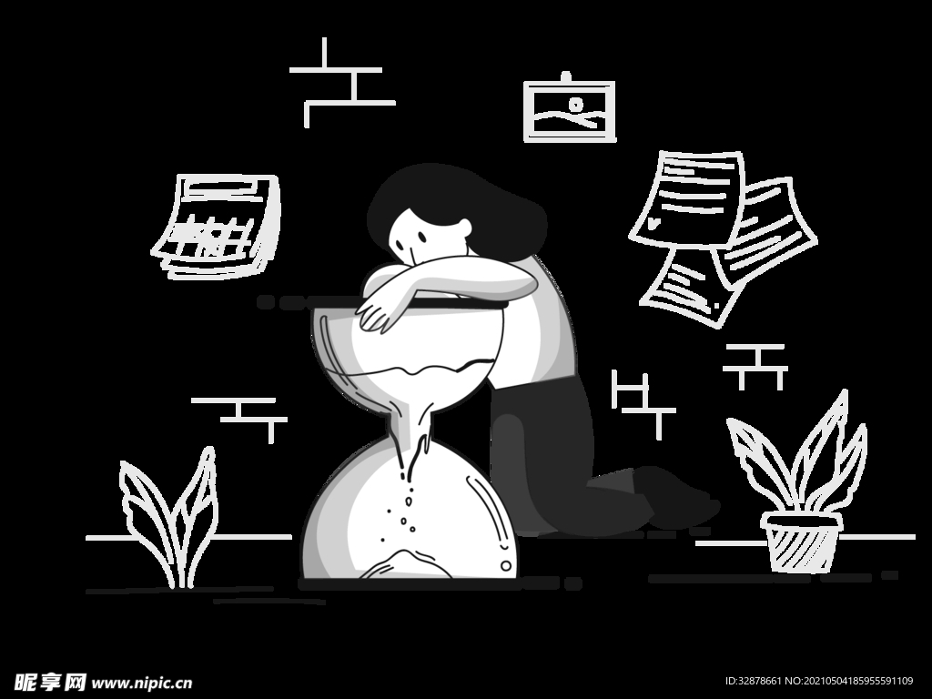 手绘 插图 沙漏 插画 黑白 