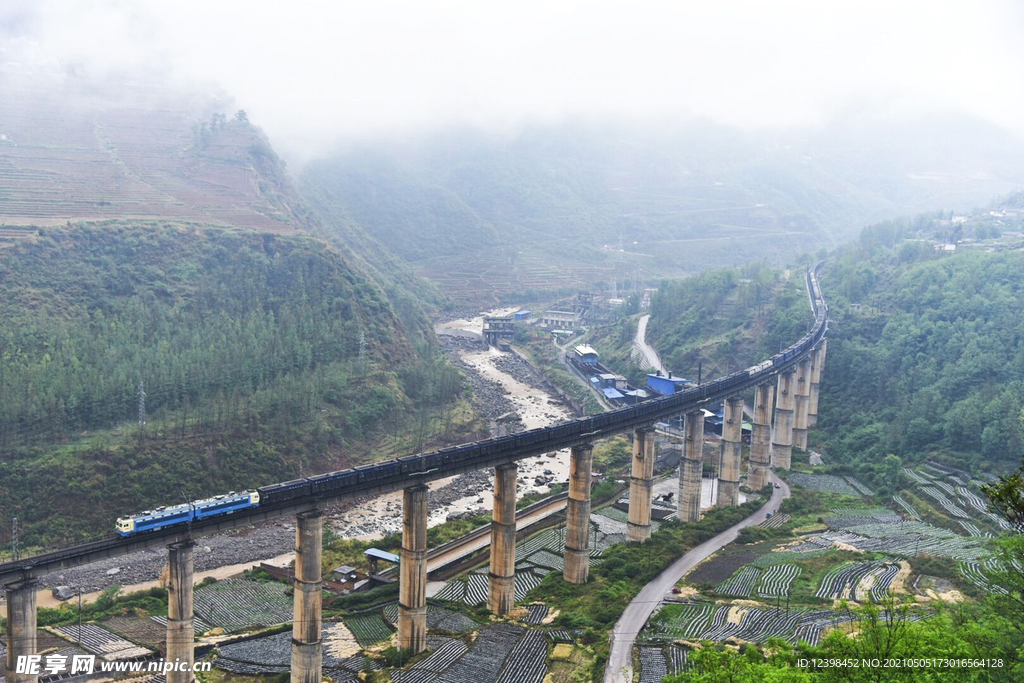 山区铁路桥上的火车