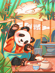 国潮手绘熊猫插画