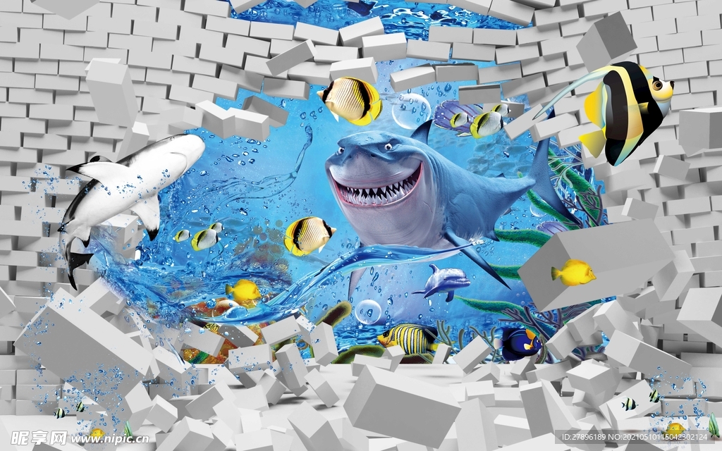 3D立体砖墙海豚