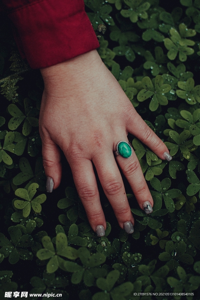 绿色草丛手带绿宝石戒指背景