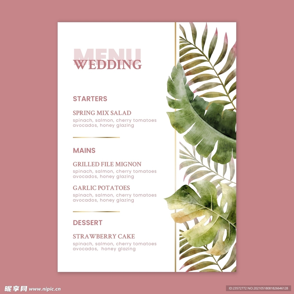 花卉婚礼菜单模板